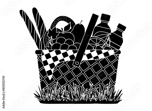 basket illustration picnic silhouette food logo summer icon lunch outline wicker spring rustic dinner leisure container meal white lifestyle shape women vector graphic background