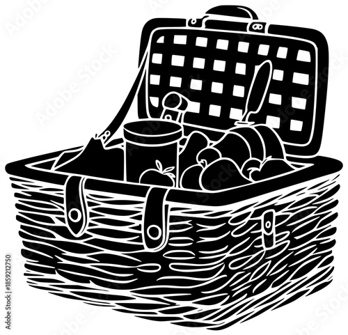 basket illustration picnic silhouette food logo summer icon lunch outline wicker spring rustic dinner leisure container meal white lifestyle shape women vector graphic background