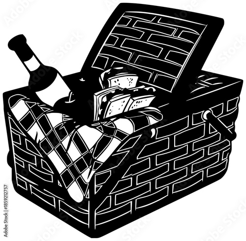 basket illustration picnic silhouette food logo summer icon lunch outline wicker spring rustic dinner leisure container meal white lifestyle shape women vector graphic background