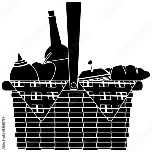 basket illustration picnic silhouette food logo summer icon lunch outline wicker spring rustic dinner leisure container meal white lifestyle shape women vector graphic background