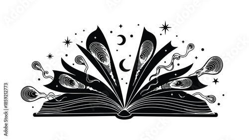 Magical open book unleashing swirling energy and celestial elements
