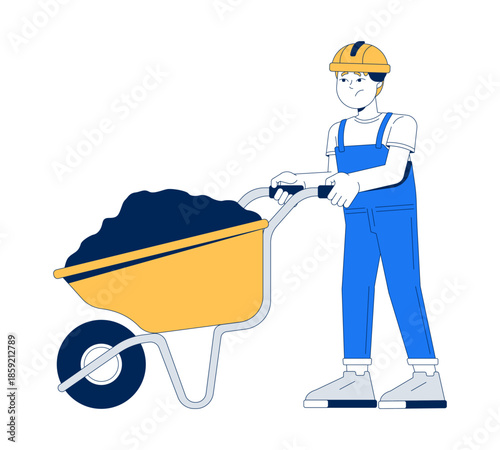 Sad young boy pushing wheelbarrow 2D cartoon character. Construction child underage exploitation. Kid in hard hat doing heavy labor flat vector person isolated on white. Spot illustration colorful