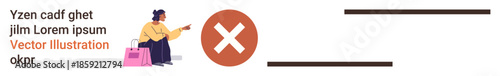 Retail errors, shopping mistakes, consumer feedback, decision-making, retail challenges, customer dissatisfaction. Woman sitting with shopping bags and a large red X symbol. Retail errors