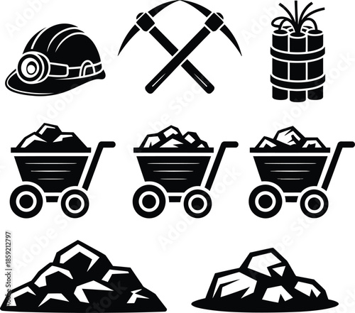 A collection of mining related icons including essential tools and equipment