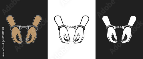 Arrested handcuffed hands human pair locked together symbolizing crime justice freedom jail or captivity danger
