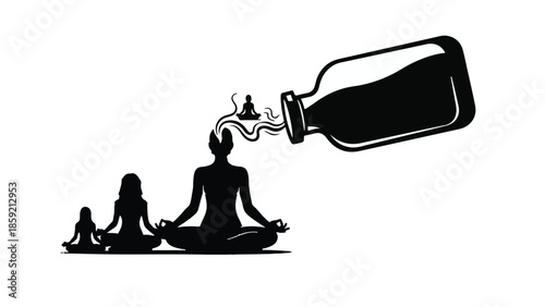 Woman and child meditating as a bottle pours inner peace into their minds