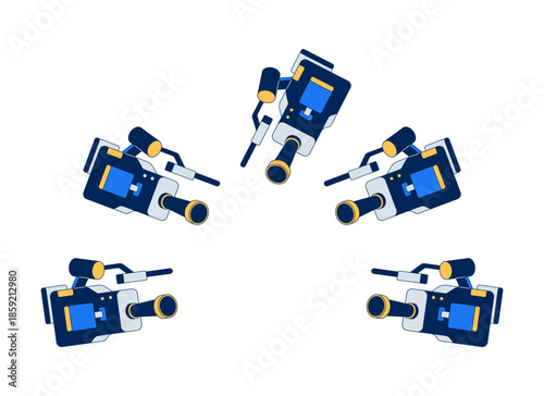 Surveillance video cameras pointing inward 2D cartoon object. Intense observation. Videocameras arranged in circular formation isolated element flat vector clip art on white. Spot illustration