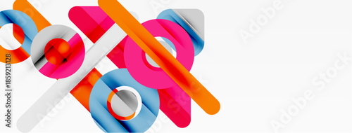 Abstract geometric shapes overlap, creating vibrant color composition. Lines, circles, rectangles intersect on white background. Modern design.