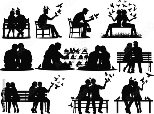 Couple, birds, silhouette, romance, bench, nature, love, peaceful, interaction, black and white, harmony, flying, sitting, feeder, heart, grass, relationship, illustration, emotional, outdoor
