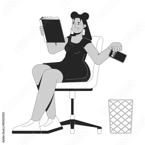Reading book instead of using phone outline illustration. Digital detox. Mindful leisure time. Offline read. Slow living woman 2D line character isolated on white. Monochrome vector ink linear image