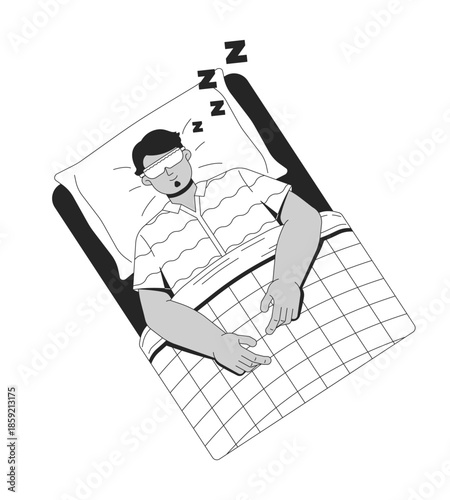 Sleeping without light pollution outline illustration. Night rest. Bedtime routine. Man napping peacefully in bed with eye mask 2D line character isolated on white. Monochrome vector ink linear image
