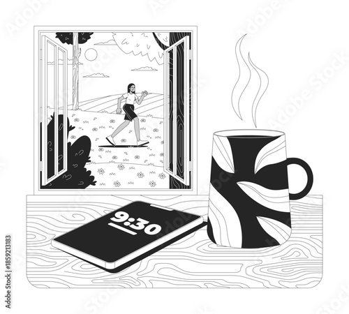 Leave phone home lifestyle outline illustration. Digital detox mindfulness. Smartphone left on table while woman strolling outdoors 2D line character isolated on white. Monochrome vector linear image