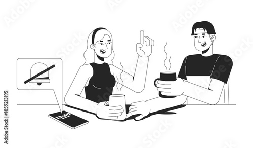 Offline communication outline illustration. Digital detox. Social bonding. Friends talking over hot drinks at table while muted phone 2D line characters isolated. Monochrome vector ink linear image