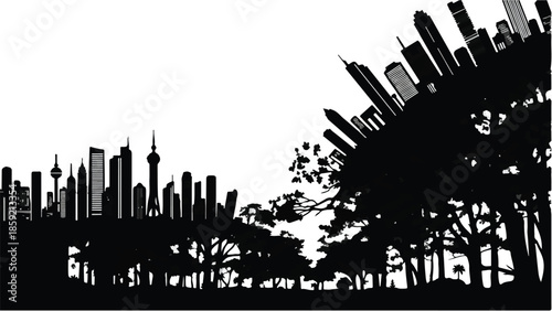 Modern cityscape silhouettes emerge from lush urban parkland, blending nature and progress.