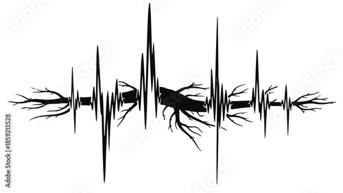 Heartbeat rhythm merging with tree branches, symbolizing nature's life force and connection.