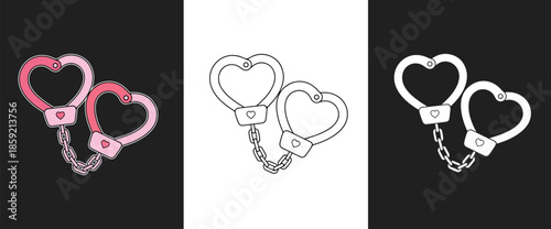 Heart shaped handcuffs pair in pink and outline symbolizing love relationship connection or romance entrapment