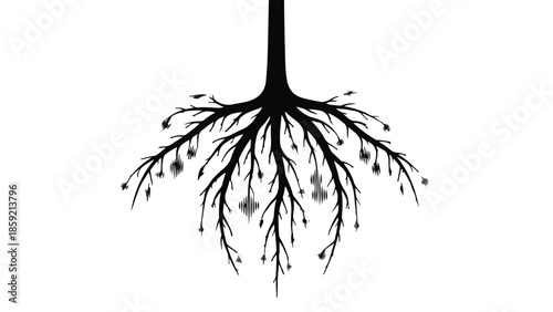 Intricate tree roots with glowing buds symbolize growth and new beginnings against a clean background.