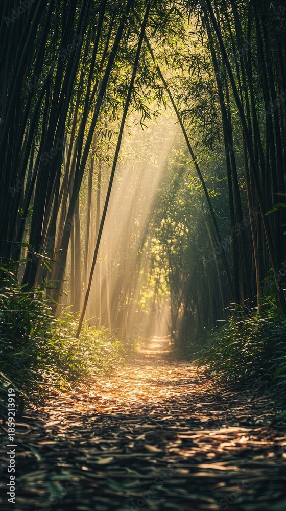 Obraz premium Bamboo forest trail with sun rays.