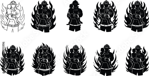 Firefighter, rescue, child, silhouette, flames, hero, emergency, safety, uniform, black and white, protection, saving, dramatic, illustration, danger, fire, holding child, brave, action, scene