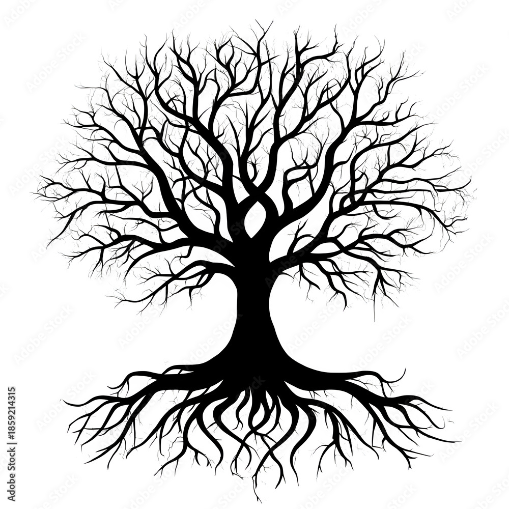 Obraz premium Tree Silhouette with Bare Branches and Visible Root System in Black