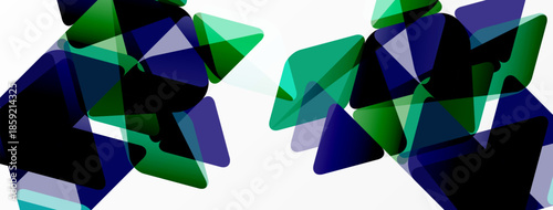 Abstract geometric shapes overlap, creating dynamic visual effect. Green, blue hues dominate white background. Modern design element.