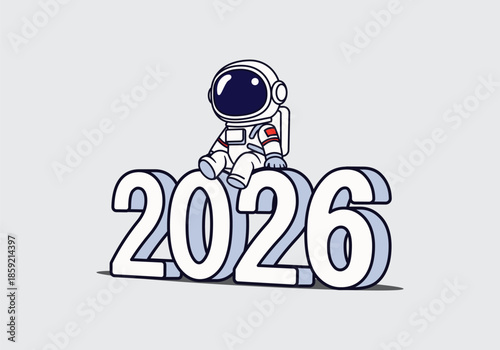 Astronaut sitting on the numbers 2026. Modern 2026 stylish text vector.