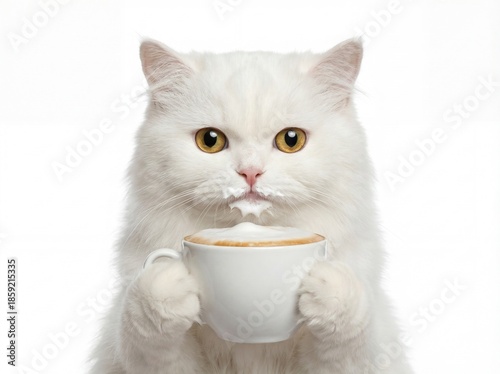 White Cat Holding Coffee Cup with Milk Foam Mustache