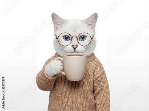 White Cat with Blue Eyes Wearing Glasses and Holding Coffee Cup