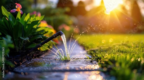 Automatic sprinkler system watering the lawn