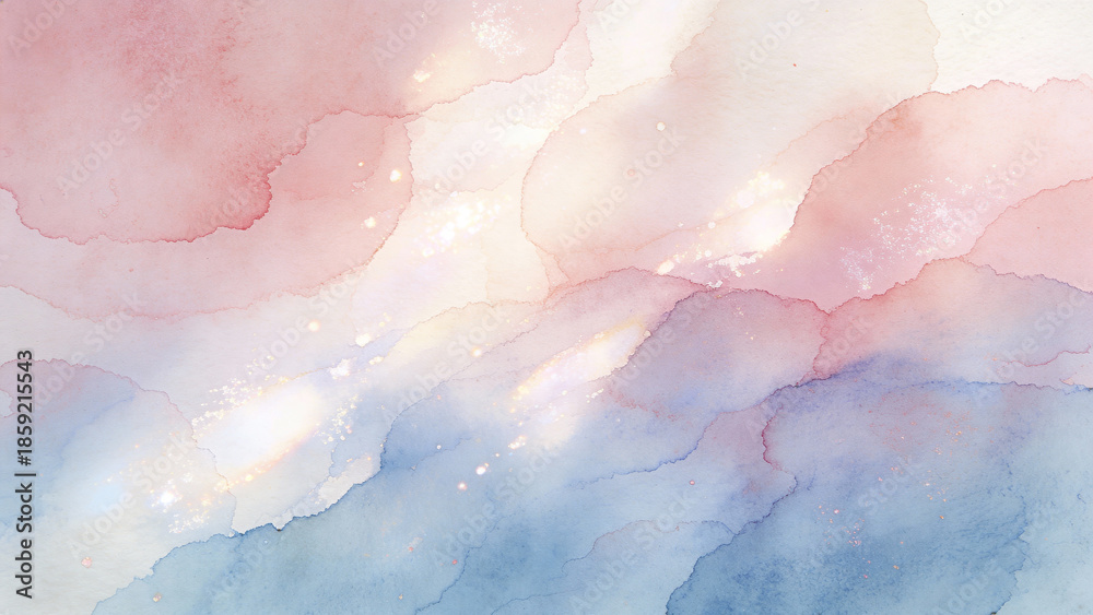 Fototapeta premium Abstract watercolor background with soft pink, blue, and white hues blending into cloud-like patterns