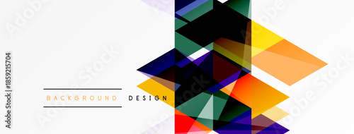 Abstract geometric shapes overlap, creating vibrant colorful design. White space dominates background, text labels present bottom center.