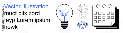 Innovation, creativity, brainstorming, planning, organization, productivity. Light bulb with a tree, brain with rain and a calendar. Creativity and planning concepts
