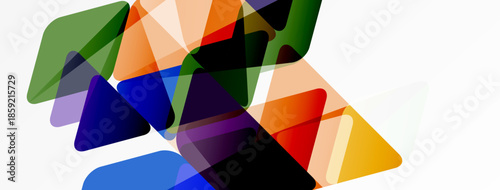 Abstract composition featuring overlapping colorful triangles. Shapes vary size, opacity creating dynamic visual effect. Bright hues dominate white background.