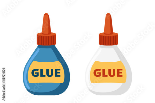 Two glue bottles set. Blue and white adhesive containers with orange caps and yellow labels. Craft supply collection for bonding and repair projects. Flat design. Vector illustration on white