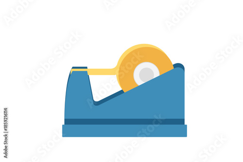 Tape dispenser holder in blue. Desktop adhesive tape cutter with orange roll. Office stationery organizer for sticky tape. Workplace supply equipment. Vector illustration isolated on white