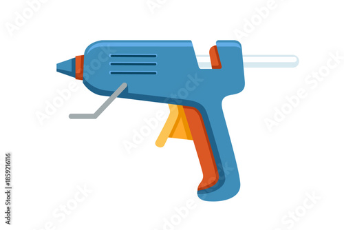 Hot glue gun tool. Blue and orange electric thermal adhesive applicator for crafts. Heating bonding equipment for DIY repairs and creative projects. Professional supply. Vector illustration