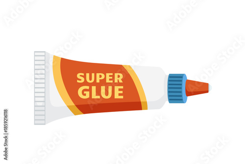 Super glue tube with small bottle. Red labeled adhesive container and blue cap bottle. Strong bonding supplies for quick repairs. Professional craft tools. Vector illustration isolated on white