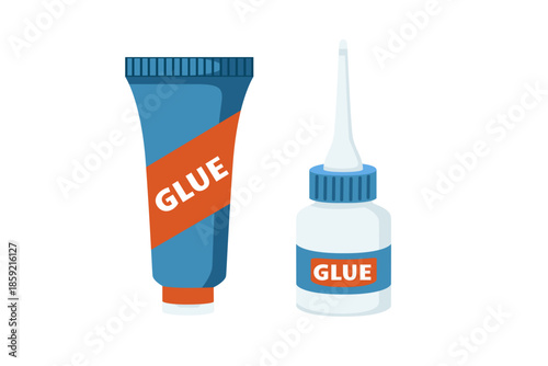wo glue tubes set. Large blue and small white adhesive containers with orange caps. Craft bonding supplies for repair and DIY projects. Stationery tools. Vector illustration on white