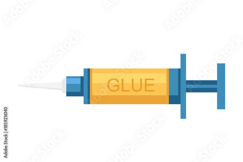 Glue syringe applicator. Yellow adhesive with blue plunger for precision injection. Detailed craft and repair tool. Professional equipment for accurate bonding work. Vector illustration