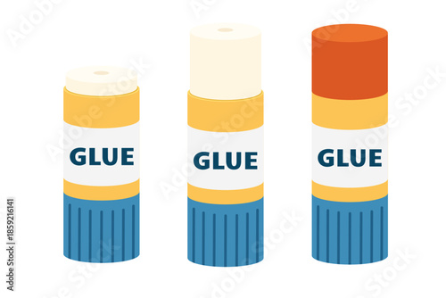 Three glue sticks collection. Orange and blue adhesive containers in different sizes. School and office stationery set. Solid craft supplies for paper bonding. Vector illustration on white