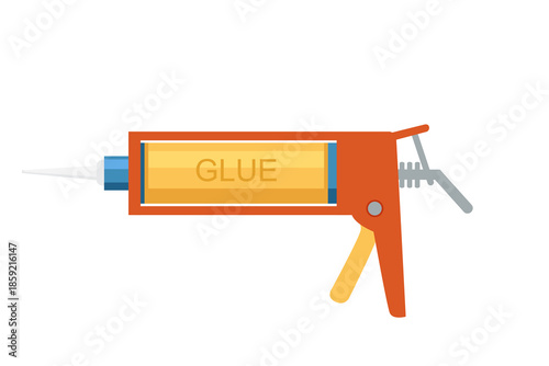 Glue gun applicator with tube. Orange and grey manual adhesive dispenser tool for crafts and repairs. Professional DIY equipment for bonding work. Plastic design. Vector illustration on white.