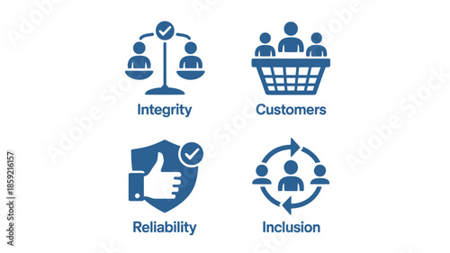Corporate Values Icons in Simple Flat Design with Blue Color Scheme on White Background for Business Branding