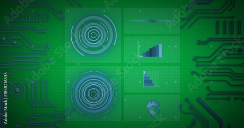 Animation of scope scanning and statistics recording with blue computer circuit board elements