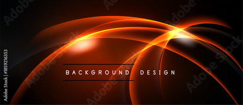 Abstract design features vibrant orange curves against dark background. Bright light emanates from central focal point, creating dynamic visual effect.