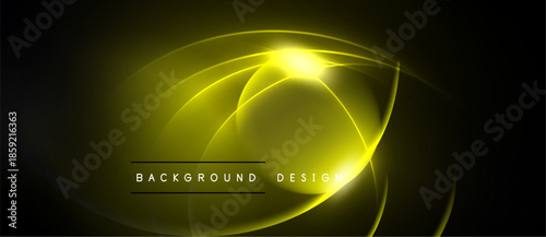 Abstract yellow light curves radiate from central point. Dark background enhances glowing effect. Modern design element.