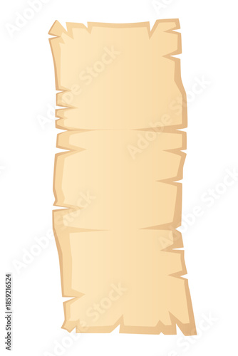 Long vertical parchment scroll. Extended beige aged paper with torn edges. Ancient manuscript blank template for lengthy text content. Medieval document design for proclamations. Vector illustration