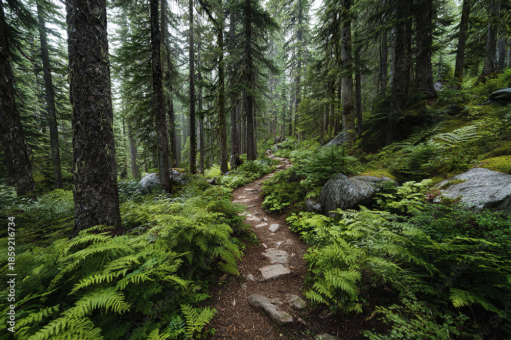 Fototapeta premium Forest trail surrounded by tall pine trees and lush green ferns with rocks scattered along path, creating peaceful and refreshing natural atmosphere in dense woodland