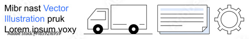 Logistics, transportation, industrial operations, delivery services, supply chain management, settings configuration. truck, document and gear icon. Logistics and supply chain management concept
