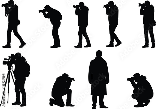 Professional photographer and videographer silhouette collection featuring cameramen in various shooting poses, media production vector design elements for photography and filmmaking projects,