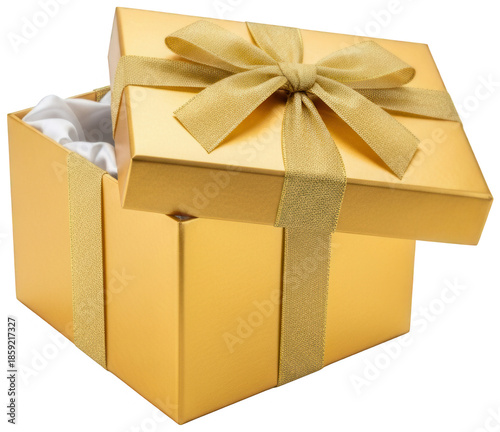 Open gold gift box with white satin lining and ribbon on transparent background